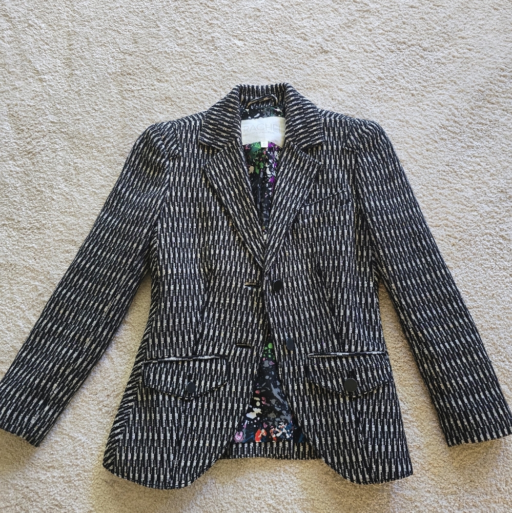 RACHAEL ROY Black & White Textured Pattern Cropped Blazer Jacket 0